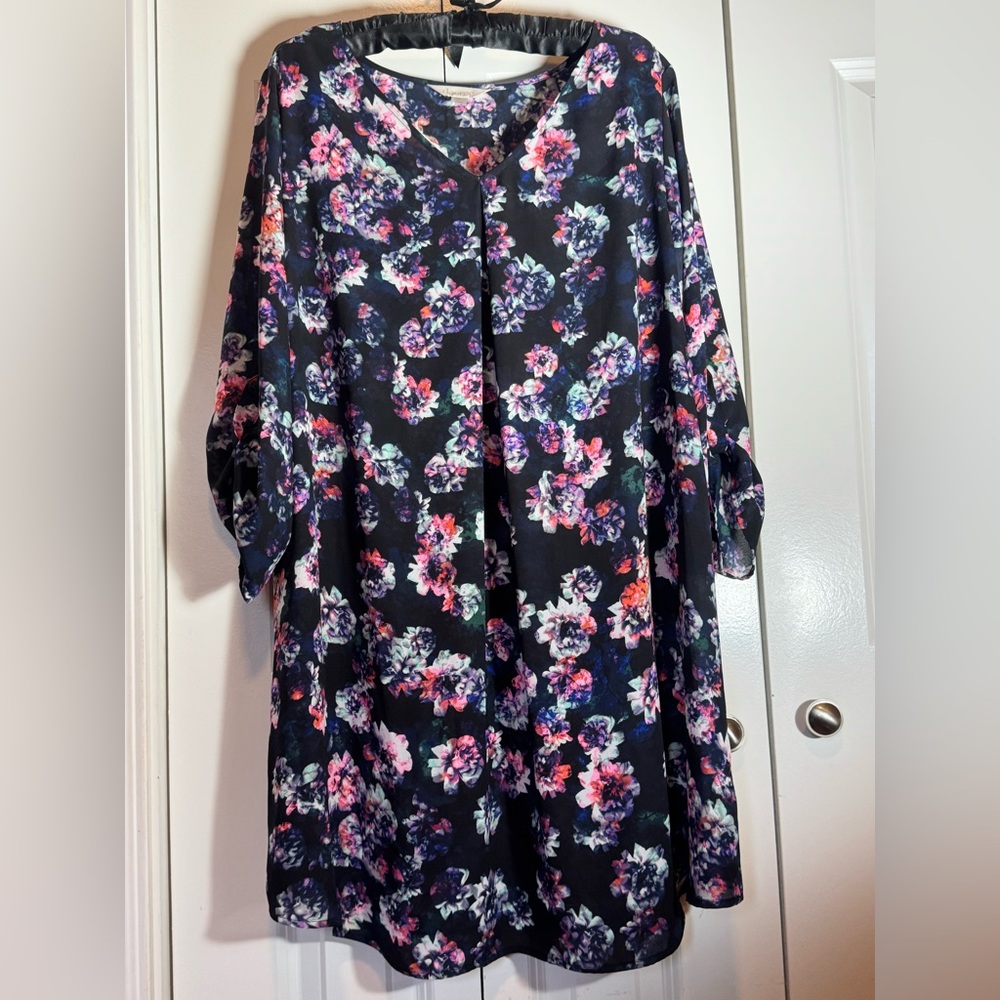 Decree Floral Shift Dress 1X‎ Navy Floral Pink Blue Sheer Boho Mini Dress